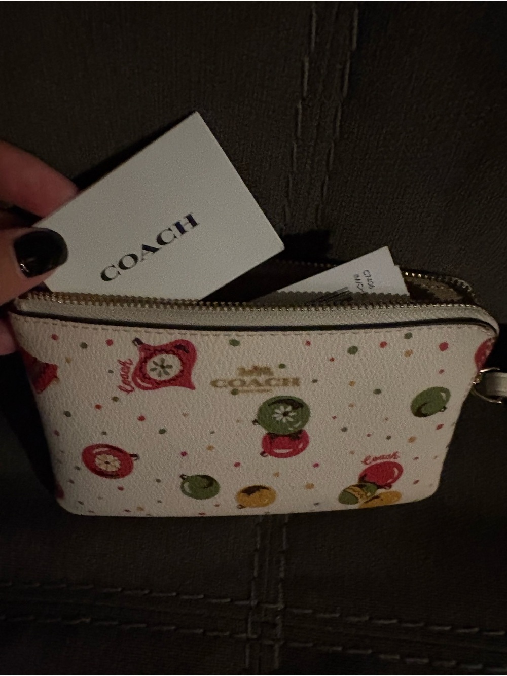 COACH Small Zip Card Case wristlet White with Multicolor holiday print